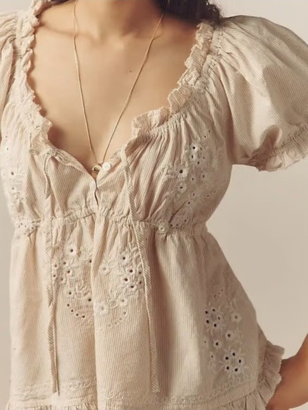 Anthropologie Puff-Sleeve Embroidered Babydoll Top tan and cream stripes Sz XL - Picture 2 of 16